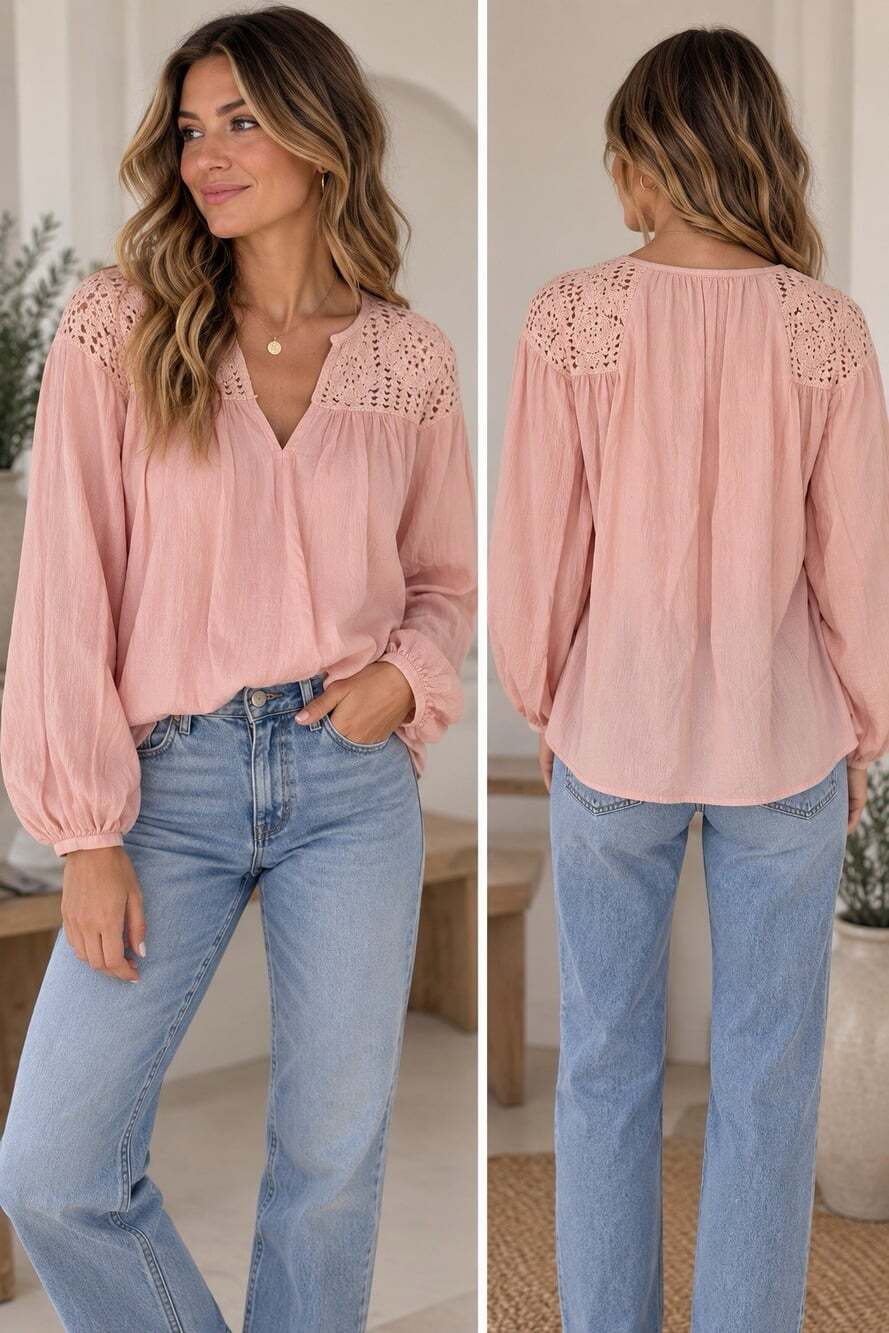 LOFT Pink Crochet Lace Yoke Boho Blouse Long Sleeve Top Size M NWT